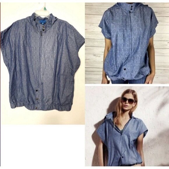 Derek Lam for Design Nation Jacket Blue Chambray Organic Cotton Blend Hooded L - Picture 3 of 12